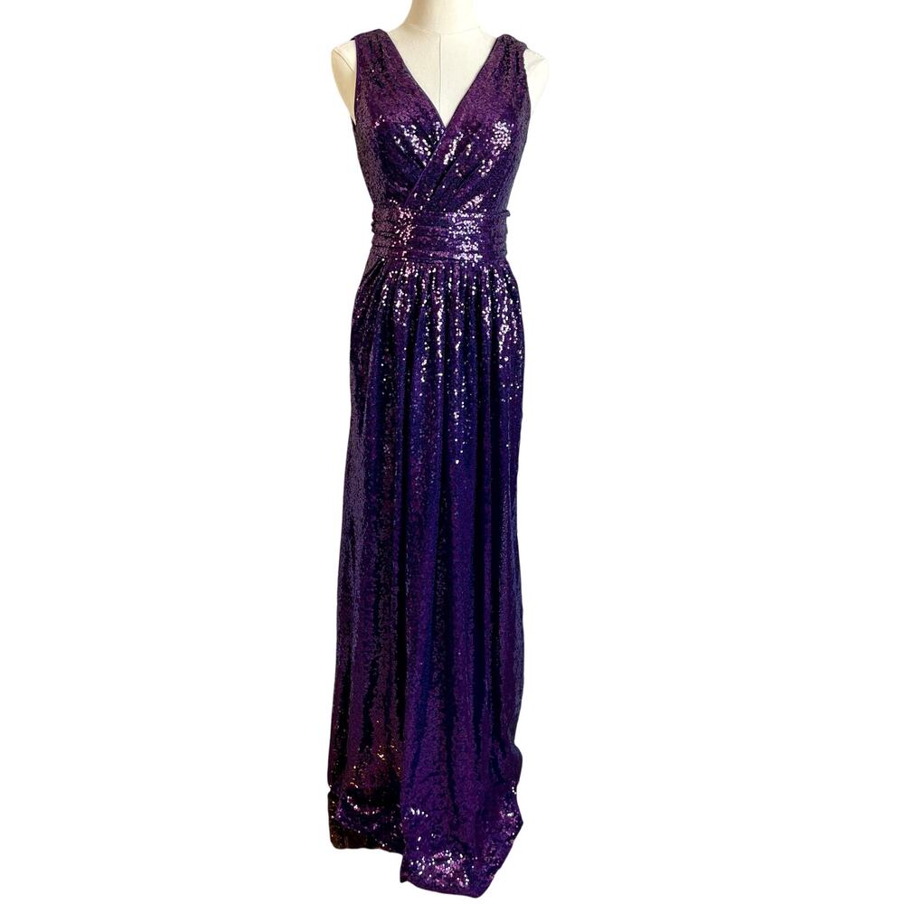 Kate Kasin Full Length Purple Violet Sequin Sleeveless Formal Gown Dress Prom 4